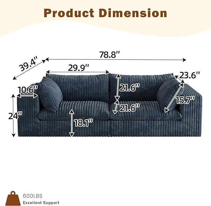 78.8 Modular Cloud Loveseat Couch Corduroy Boneless Couch with Foam &amp Removable Cushion Modern Lounge Sofa in a Box No Assembly Required Upholstered Sofa for Living Room (Blue)