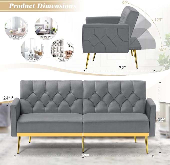 Velvet Sofa Bed w/Adjustable Armrests and Backrests Modern Convertible Sleeper Sofa Tufted Futon Sofa for Bedroom Living Room Apartment Grey