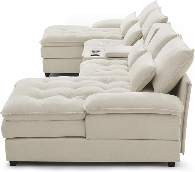6 Seater Symmetrical U Shaped Modular Sectional Sofa Couch with Storage Console 130 INCH Oversized Tufted Linen Cloud Cushion Sofa Couch with Double Chaise &amp Cupholders