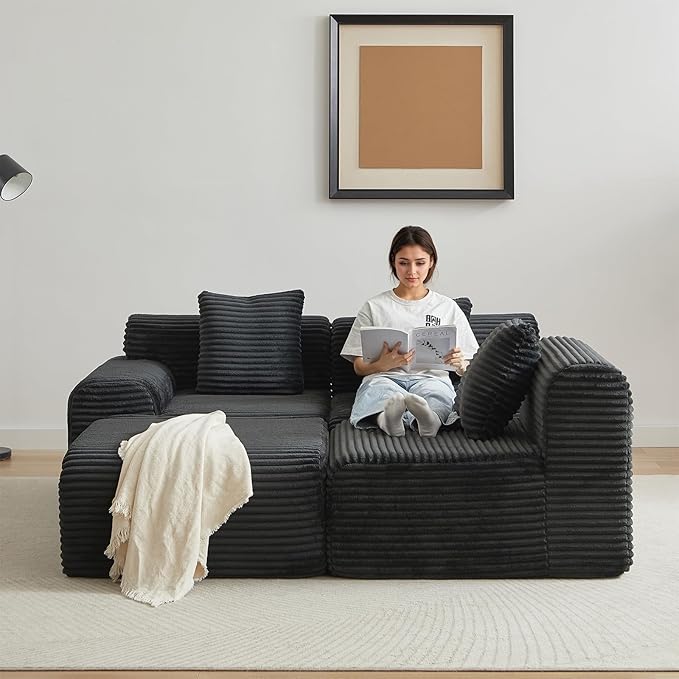 114-inch Oversized Modular Sectional Sofa Fluffy Boneless Compressed Memory Foam Corduroy Couch Comfy Modern L Shaped Couches with Ottoman &amp Pillows for Living Room Apartment Bedroom Black