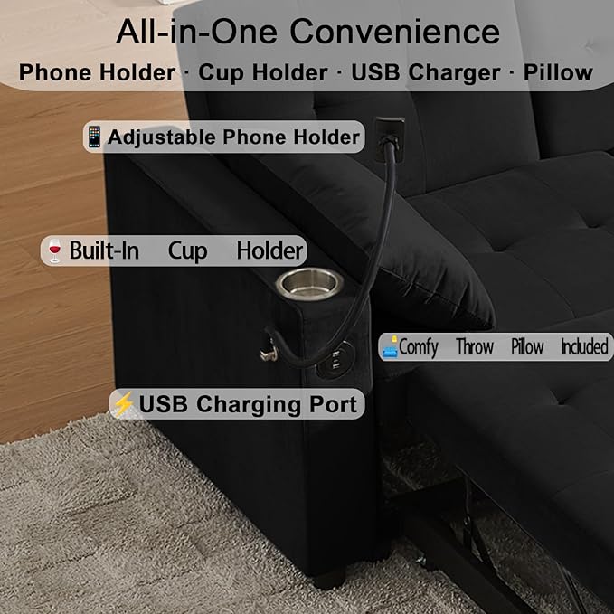 70 Queen Size Sofa Bed for Living Room – Pull-Out Sleeper Sofa Couch with Cup Holder Phone Holder USB Charging Port Solid Wood Frame Easy Assembly Space-Saving Design for Small Apartments