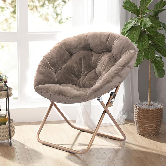 Cozy Saucer Chair Living Room Chair Faux Fur Soft Thick Padded Seat Metal Frame Folding Chair Comfortable Moon Chair for Living Room Bedroom Reading Nook Modern Style 1 Pack Brown