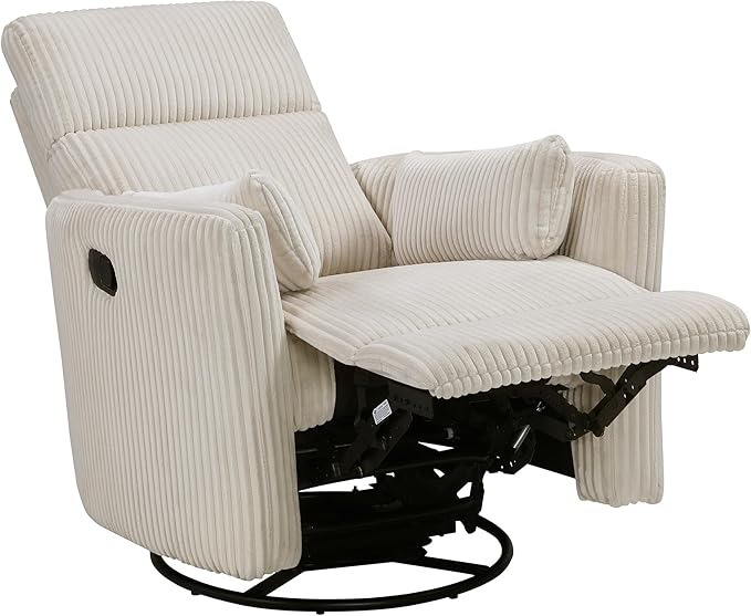 Lexicon Modern Swivel Glider Recliner Chair Nursery Glider Corduroy Fabric Upholstery Recliner with 2 Lumbar Pillows Manual Reclining Sofa Chair for Living Room/Office/Apartment Beige