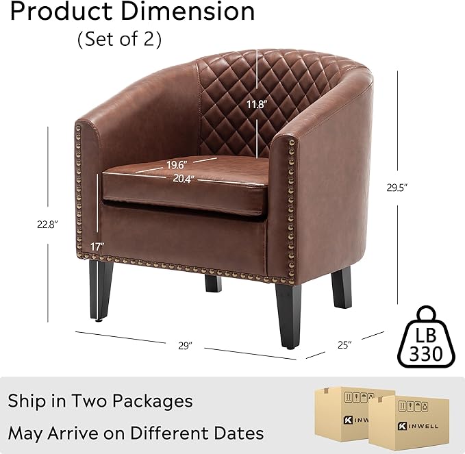 KINWELL 29 W Faux Leather Barrel Chairs Set of 2 Modern PU Upholstered Tufted Club Chairs with Nailhead Trim Small Armchairs Accent Chairs for Living Room Bedroom Apartment Lounge Nursery Brown