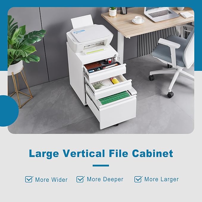 3 Drawer Mobile File Cabinet Under Desk Office with Lock Metal Filing Cabinet to be Installation Required Under Desk Metal Filing Cabinets Legal/Letter/A4 File (White)