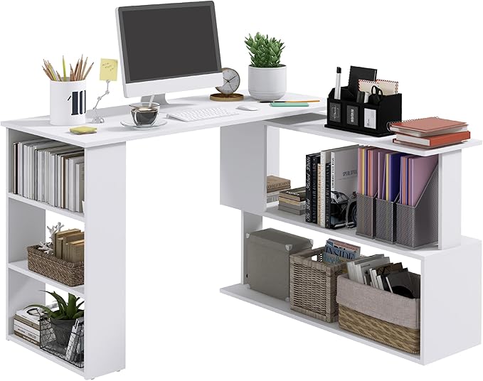 L Shaped Corner Desk 360 Degree Rotating Home Office Desk with Storage Shelves Writing Table Workstation White