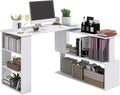 L Shaped Corner Desk 360 Degree Rotating Home Office Desk with Storage Shelves Writing Table Workstation White