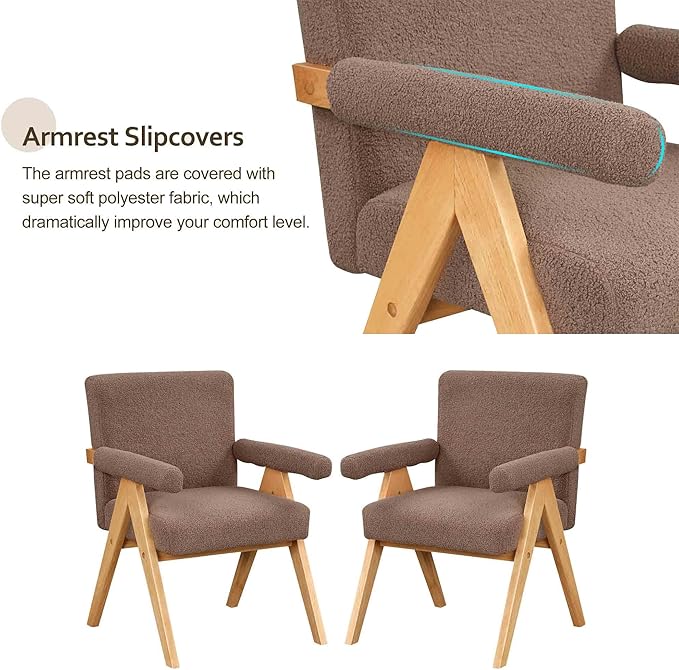 Modern Velvet Upholstered Accent Chairs Set of 2 with Wood Frame and Armrest Fabric Wooden Armchairs for Living Room Bedroom Office Reading Room (Brown)