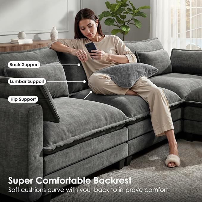 Marsail Modular Sectional Sofa 110.6 U-Shaped Modern Comfy Cloud Couch 5-Seat Chenille Deep Seat Sofa with Throw Pillow &amp Movable Ottoman for Living Room Bedroom and Apartment Charcoal Gray