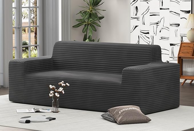 Vivvadecor 79 3-Seater Corduroy Sofa Sofa-in-a-Box Modern Floor Foam Couch with 24 Deep Seat No Assembly Needed Sofas for Compact Living Room Apartment Home Office Dark Gray