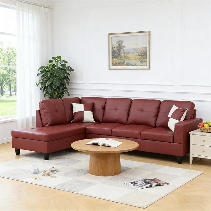 103.5 Inch Modern L-Shaped Couch Faux Leather Sectional Sofa with Chaise Lounge 4-Seater Couch with Accent Pillows for Living Room Apartment Dark Red