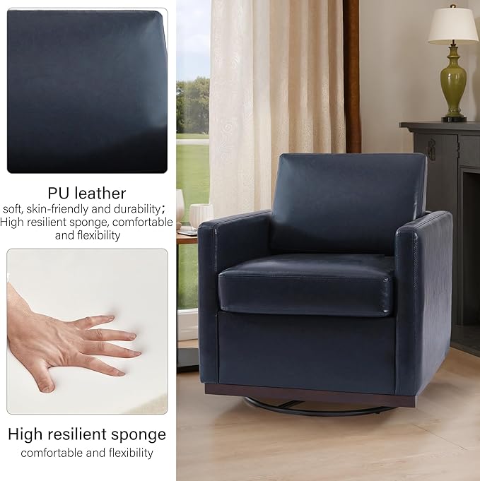 Swivel Barrel Accent Chair Mid Century Modern Arm Chair for Living Room Bedroom Comfy Club Reading Lounge Sofa Corner Chairs for Adults (Leather Navy Blue Set of 2)