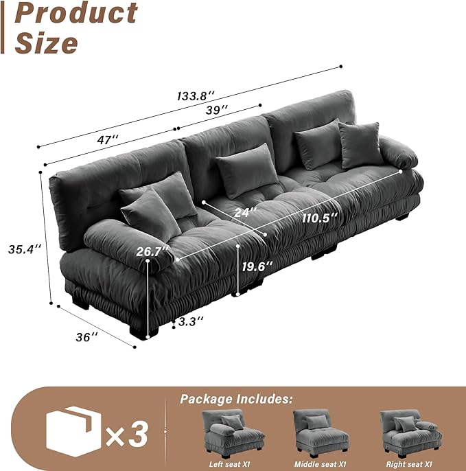 SoarFlash 133.8” Sectional Sofa 3 Seat Couch L Shaped Modern Sofa with Solid Wood Legs Couches Sofas for Living Room Apartment Comfortable Small Couches for Small Spaces Grey