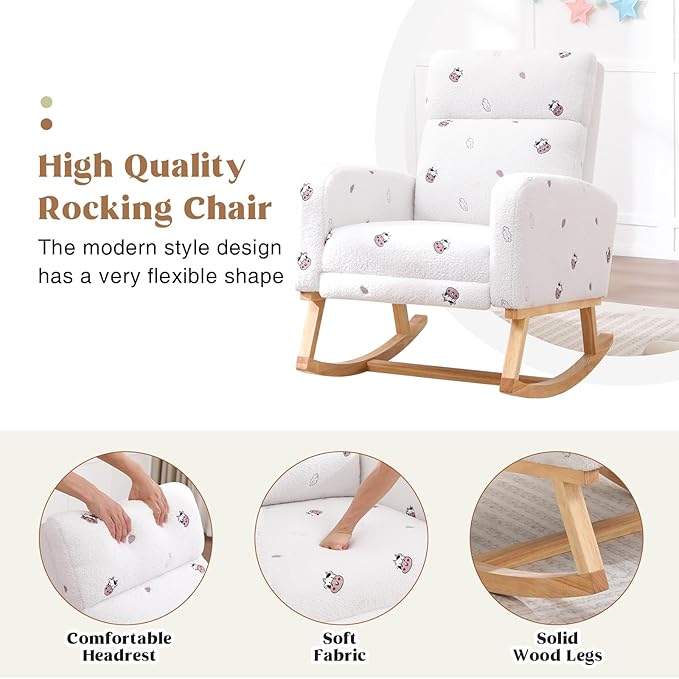 Rocking Chair Nursery with Foot Rest Nursing Rocking Chairs for Mom Breastfeeding Teddy Rocker Glider Chair with High Backrest for Living Room Bedroom Cow Printed White