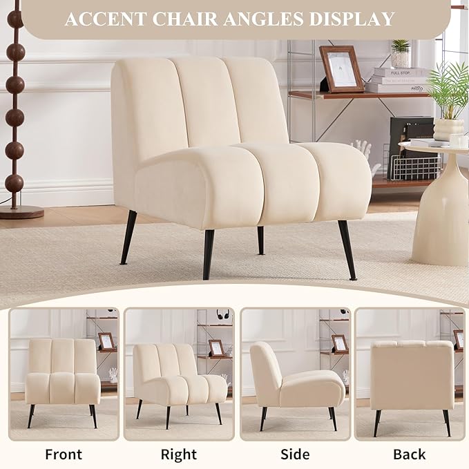 Modern Accent Chair Velvet Upholstered Fuzzy Club Chairs with Tufted Design Comfy Living Room Chair with Metal Legs Padded Reading Chair for Reading Room (Beige-Velvet)