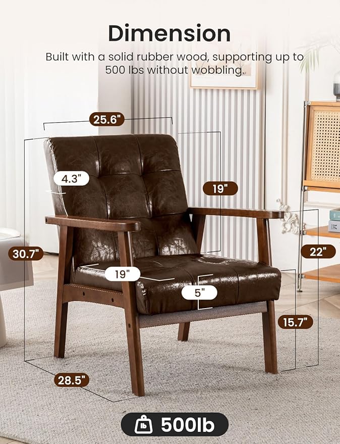 Mid Century Modern Accent Chairs for Living Room Comfy Bedroom Chairs for AdultsSmall Wide Reading Nook Arm Chair 105° Ergonomic Cozy Brown Leather Armchair with Rubber Wood