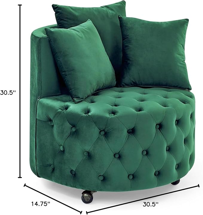 Velvet Upholstered Swivel Chair for Living Room with Button Tufted Design and Movable Wheels Including 3 Pillows Green