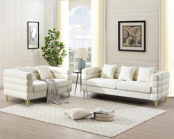 Antetek 60-inch Couches for Living Room Modern Teddy Fabric Upholstered Loveseat Sofa Couch with Square Arm and 4 Golden Metal Legs for Living Room Office Apartment White