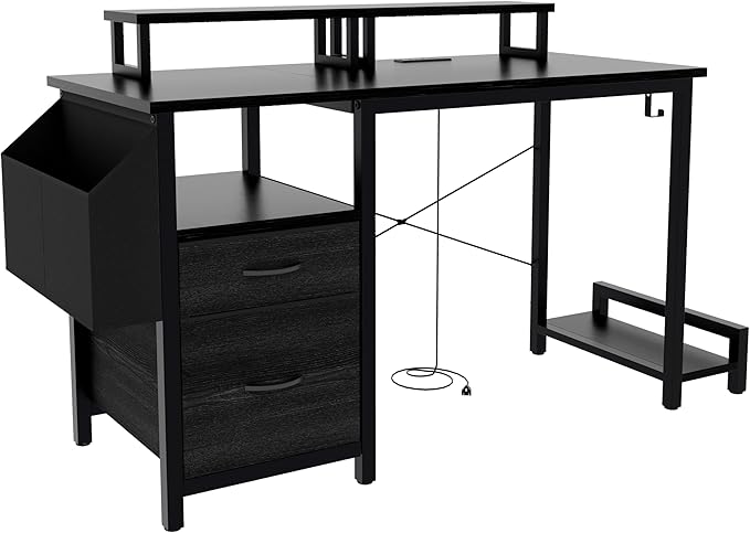 Modern 47 Home Office Writing Desk with Power Outlet &amp 2 Drawers Gaming Desk w/ 2 Monitor Stands &amp Side Pocket for Office Crowd &amp Gaming Crowd (Black)