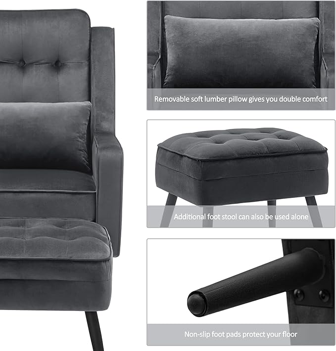 MCombo Velvet Accent Chair with Ottoman Modern Armchair for Small Space Living Room Office Reception Fabric 4278 (Dark Grey)