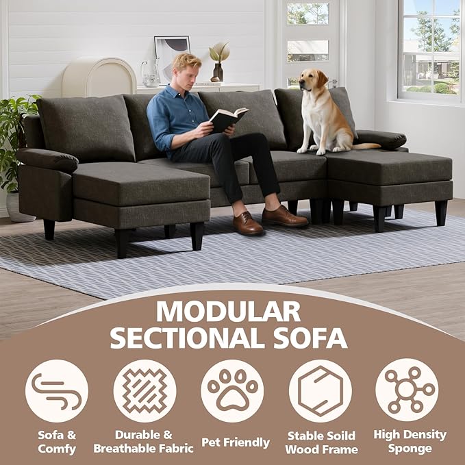 115 Modular Sectional Sofa U Shaped Sectional Comfy Couch for Living Room Convertible Modular Sofa Couch with Ottomans and Chaise High Supportive &amp Soft Sponge 6 Seats Brown