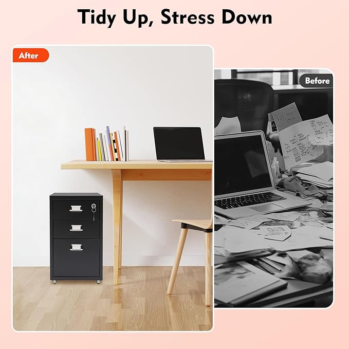 3-Drawer Metal File Cabinet Mobile File Cabinet with Lock Rolling Vertical Filing Drawers Under Desk for Home Office 11 * 16 * 18.3in (Black)