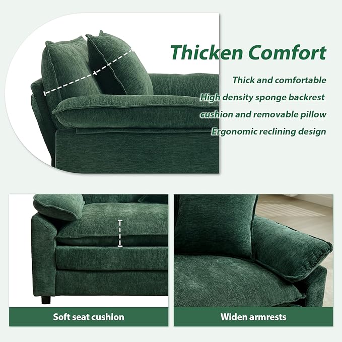 Green Modern Oversized Chair Set of 2 Comfy Chenille Accent Chair Large Upholstered Armchair with Extra Thick and Deep Seat Lounge Chair for Living RoomBedroomApartment