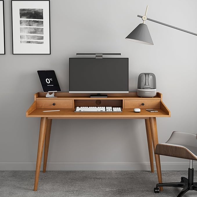 Mid Century Modern Desk 51 Wood Home Office Writing Computer or Laptop Desk with Monitor Stand Riser and Open Storage Cubby Vanity Desk with 2 Drawers (51.2×25.6)