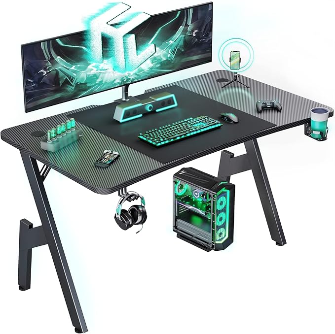 HLDIRECT 55 Inch Gaming Desk Large Computer Desk Gaming Table with Cable Management Ergonomic Carbon Fiber Gamer Table Pc Work Home Office Desks with Cup Holder &amp Headphone Hook &amp Mouse Pad