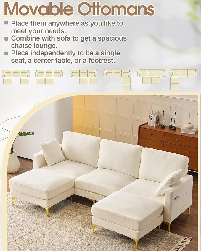 Karl home 99.6 Sectional Sofa U-Shaped Chenille Upholstered Couch with 2 Movable Ottomans 3-Seater Cloud Couches Comfy Deep Seat Sofa for Living Room Apartment Office Creamy