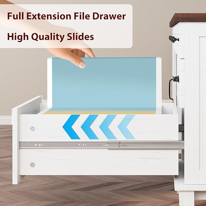 IDEALHOUSE Extra-Large Double Workstation Desk Spacious Home Office Desk with Adjustable Storage Cabinets Full-Extension File Drawers &amp Built-in Charging Station for Shared Work Brownish White
