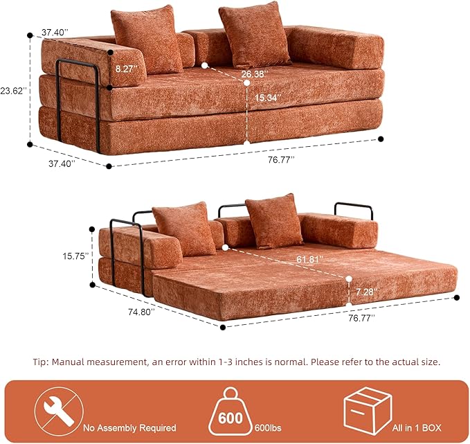 Convertible Sleeper Sofa Bed Compression Folding Sofa with Pillow No Assembly Required Shape Frame Floor Sofas Lounge Couch for Living Room Bedroom Small Spaces (Chenille 77''W Orange)
