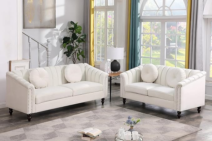 Chesterfield Sofa Set Luxurious Velvet Chesterfield Settee Couch SetSofa and Loveseat SetUpholstered Rolled Arm with Rivets/4 Button Tufted Pillow Modern Sofa Living Room SetWhite