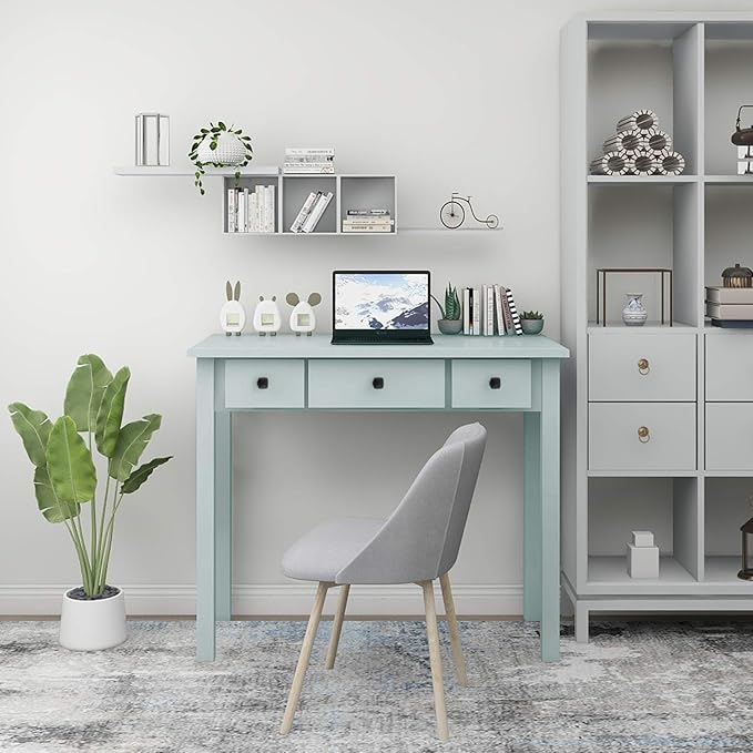 STHOUYN Home Office Small Writing Desk with Drawers Bedroom Study Table for Adults/Student Vanity Makeup Dressing Table Save Space Gifts Green (Light Green)