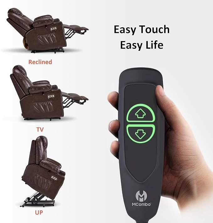MCombo Power Lift Recliner Chair for Elderly Lift Chair with Heat and Massage FSC Certified USB Ports Cup Holders Faux Leather 7141 (Dark Brown Small)
