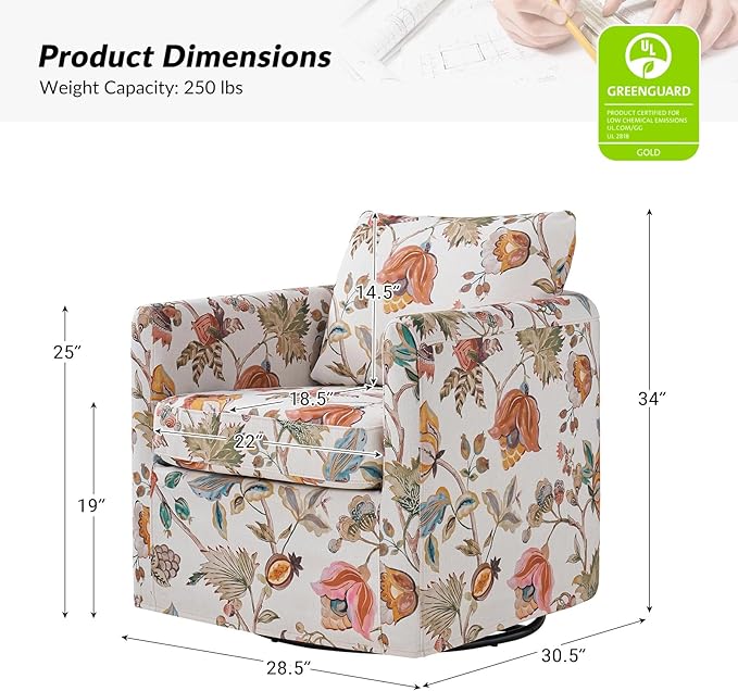 HULALA HOME Swivel Accent Chairs Set of 2 with Removable Cover Floral 360-degree Swivel Barrel Chairs Upholstered with Reversible Seat Cushion for Living Room Floral
