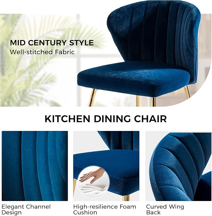 HULALA HOME Dining Chairs Set of 2 Velvet Upholstered Kitchen &amp Dining Room Chairs with Metal Legs Vanity Chair Armless Side Chairs for Living Room Bedroom Restaurant Channel Curved Backrest Nav