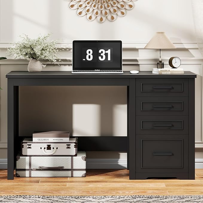 Vabches Farmhouse 49” Executive Desk with File Drawer 4 Drawers Reversible Computer Desk with Storage Rustic Home Writing Workstation for Home Office.Black