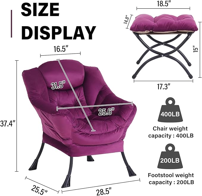 Lazy Chair with Ottoman Modern Accent Chair Lounge Leisure Sofa Chair with Armrests Reading Chair and Folding Footstool for Living Room Bedroom Office Plush Pink