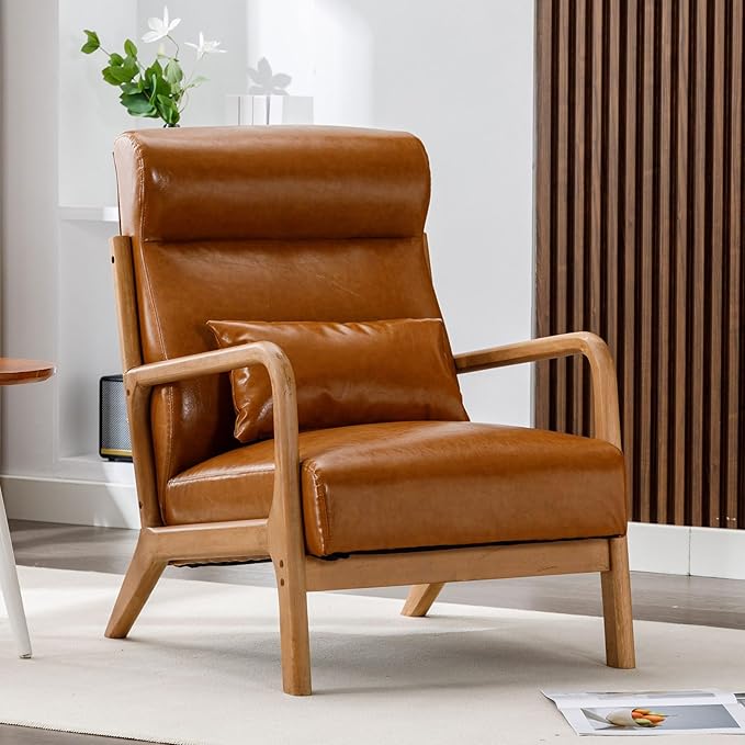 ANJ Mid Century Modern Accent Chair with High Back Single Lounge Armchair with Solid Wood Frame Comfy Reading Chair for Living Room Easy Assembly