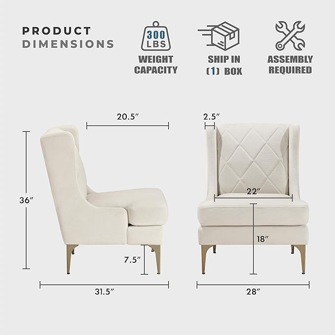Lexicon Modern Accent Chair Living Room Chenille Upholstered Single Sofa Chair with Gold Metal Legs Wing Back &amp Diamond Stitched Back Armchair for Bedroom/Office/Waiting Room Taupe