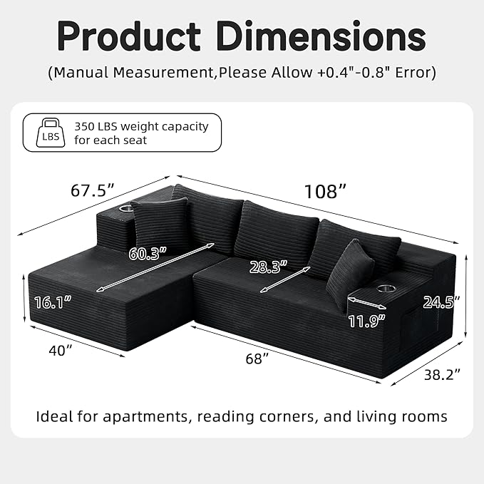 Bashaw 108 Modular Sectional Sofa Couches with Chaise L-Shape Boneless Couch Deep Seat Upholstered Boneless Sectional Couch for Living Room (Black 108 Left Facing Chaise) | Sectional Boneless L-