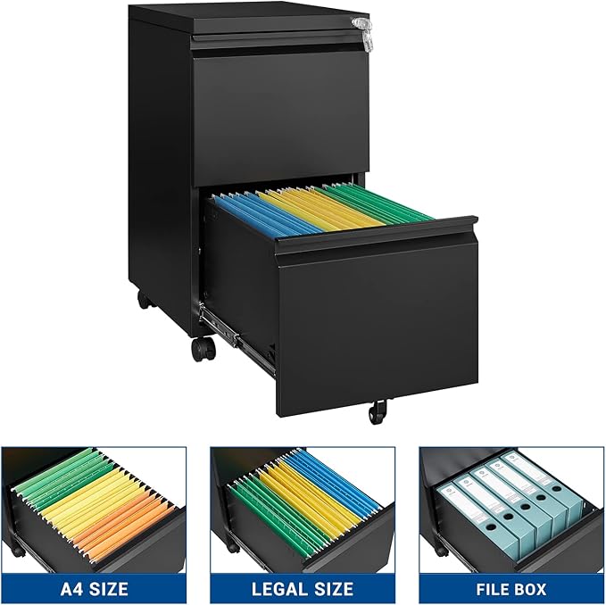 2 Drawer Vertical File Cabinet - Mobile Filling Cabinet with Lock for Legal/Letter Files - Office Storage File Cabinet with Wheels Under Desk - Assembly Required