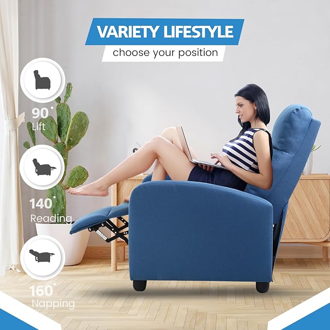 Recliner Chair for Adults Living Room Chairs Reading Chair with Fabric Padded Seat Backrest Modern Reclining Easy Lounge Bedroom Chair Recliner Chair for Bedroom (Blue)