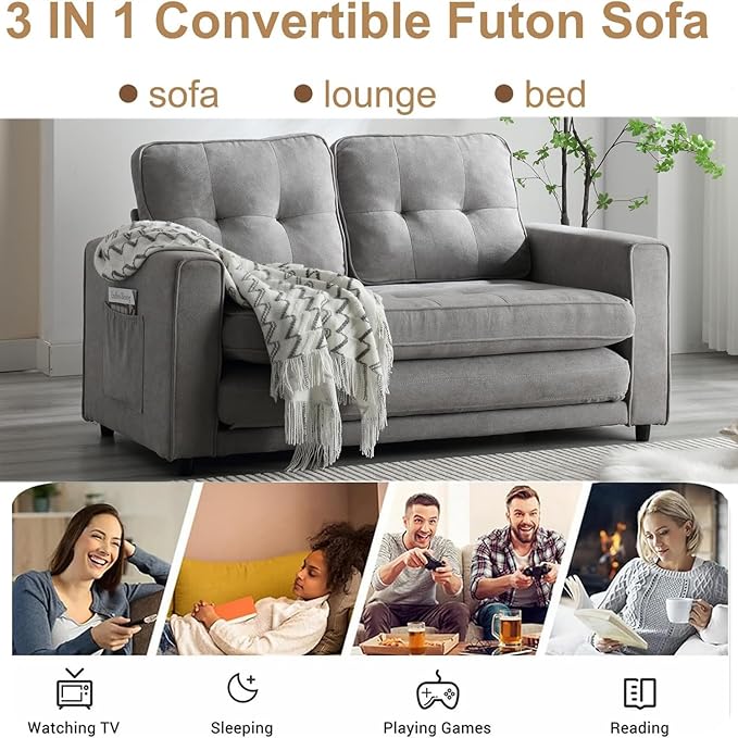 Futon Sofa Bed Convertible Folding Futon Couch Breathable Small CouchAdjustable Pull Out Chaise Lounge Couch for Compact Living Studio in Living Room and Bedroom Offices Loveseat (Light Gray)