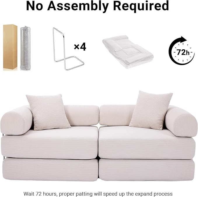 73 Convertible Sleeper Sofa Bed Corduroy Boneless Couch in a Box 4-in-1 Folding Mattress Loveseat Couch Comfy Modular Foldable Floor Sleeper Sofa with 2 Pillows and Fixed-Shape Frame (Beige 73)
