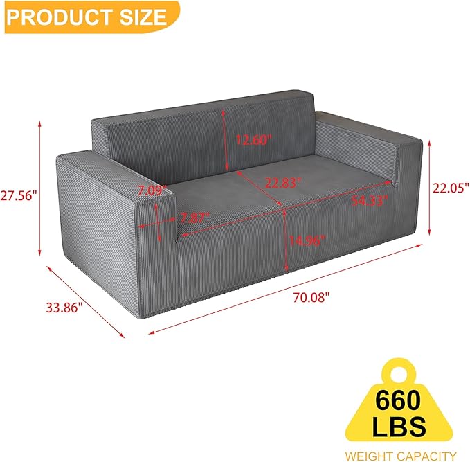 70 Grey Boneless Couches for Living Room Compressed Sofa Couch in a Box Corduroy Memory Foam Floor Couch for Adults Memory Foam Deep Seat No Assembly Required (Grey)