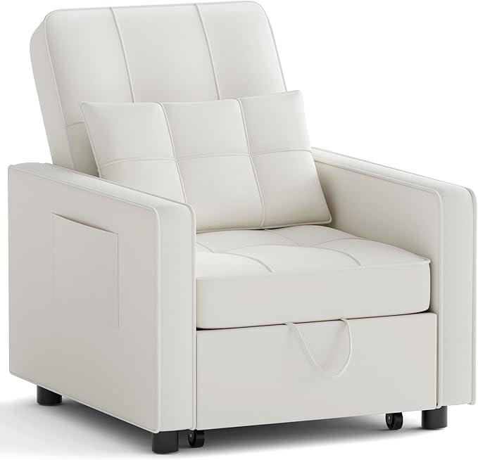 JUMMICO Sleeper Chair 3-in-1 Convertible Sleeper Sofa Bed for Adults Linen Fabric Pull Out Chair Bed with Adjustable Backrest Couches for Living Room Apartment Office Small Space (Beige)