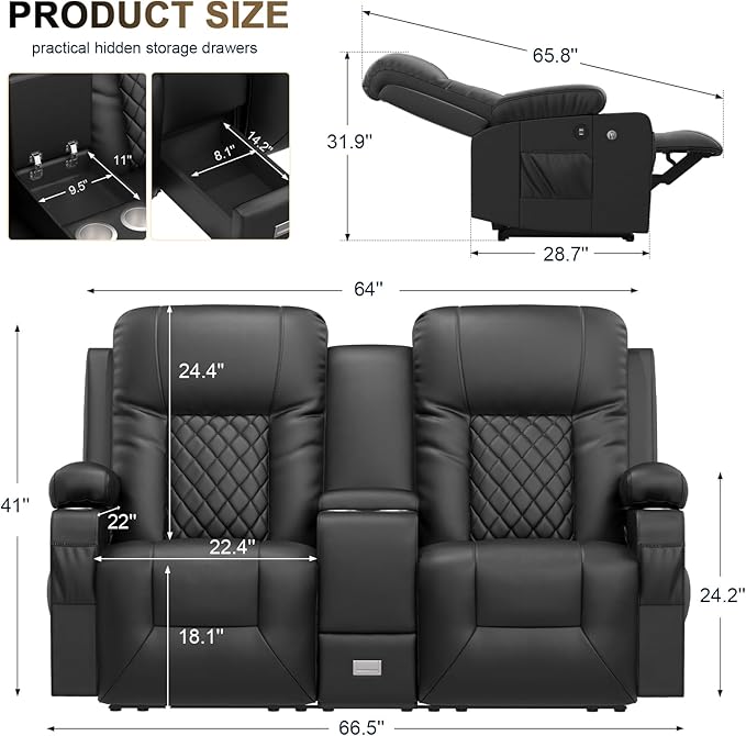 YONISEE Large Loveseat Recliner Loveseat Recliner Sofa with Storage Console Recliner Chair with USB Ports 2 Cell Phone Holders Cup Holder Loveseat Couch for Living Room