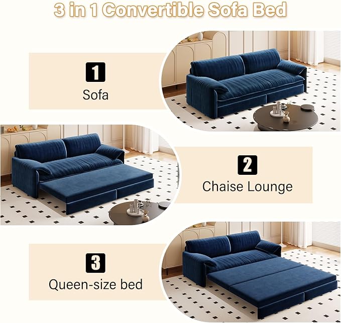 Cilee 66 Folding Sofa Bed 3-in-1 Convertible Loveseat Sleeper Sofa Pull Out Futon Sofa Bed Comfy Floor Couch with Storage Pocket Love Seats Furniture for Living Room Velvet Blue